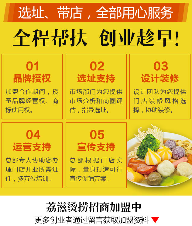 荔滋燙撈加盟，選址，帶店，全部用心服務(wù)，品牌授權(quán)，選址支持，設(shè)計裝修，運營支持，宣傳支持